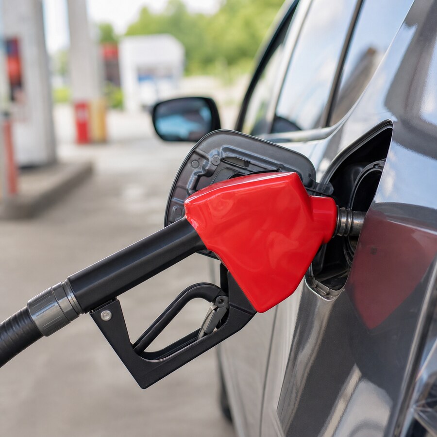 Gas pump nozzle connected to a car