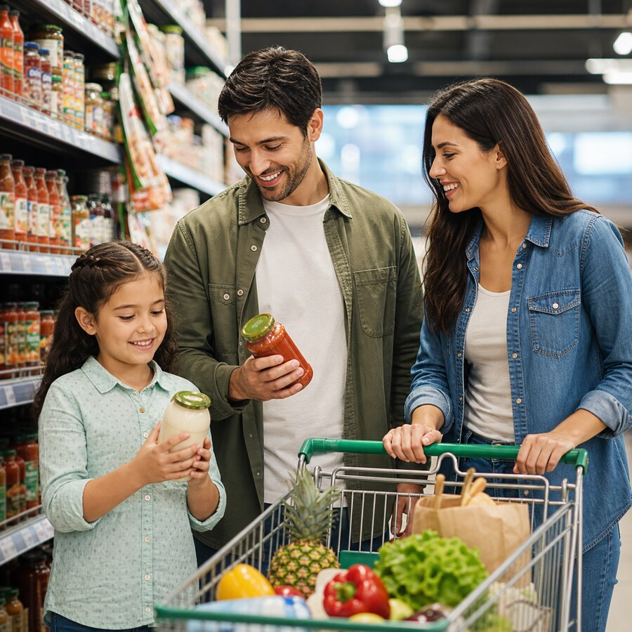 Family shopping together in a grocery aisle