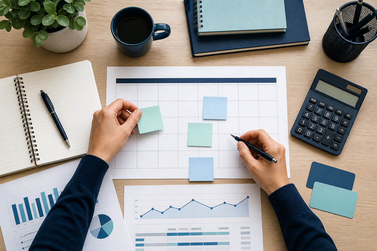 Hands arranging a cash flow forecast calendar with calculator and planning notes