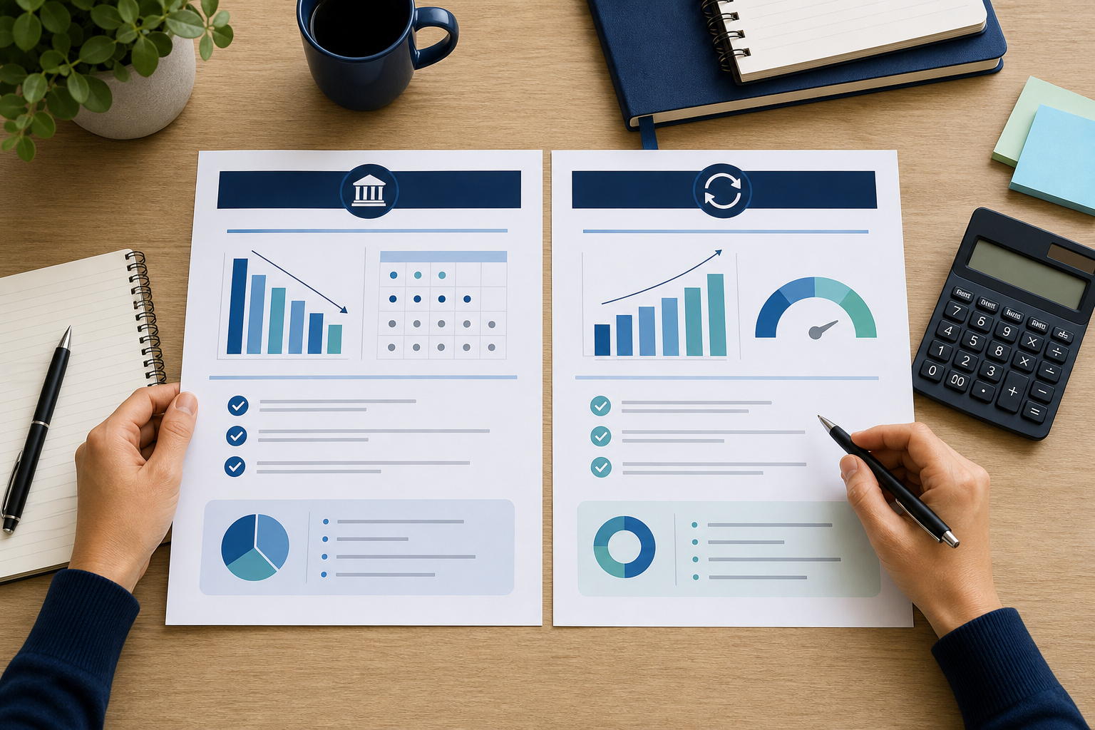 Hands comparing business loan and line of credit option sheets with charts and a calculator