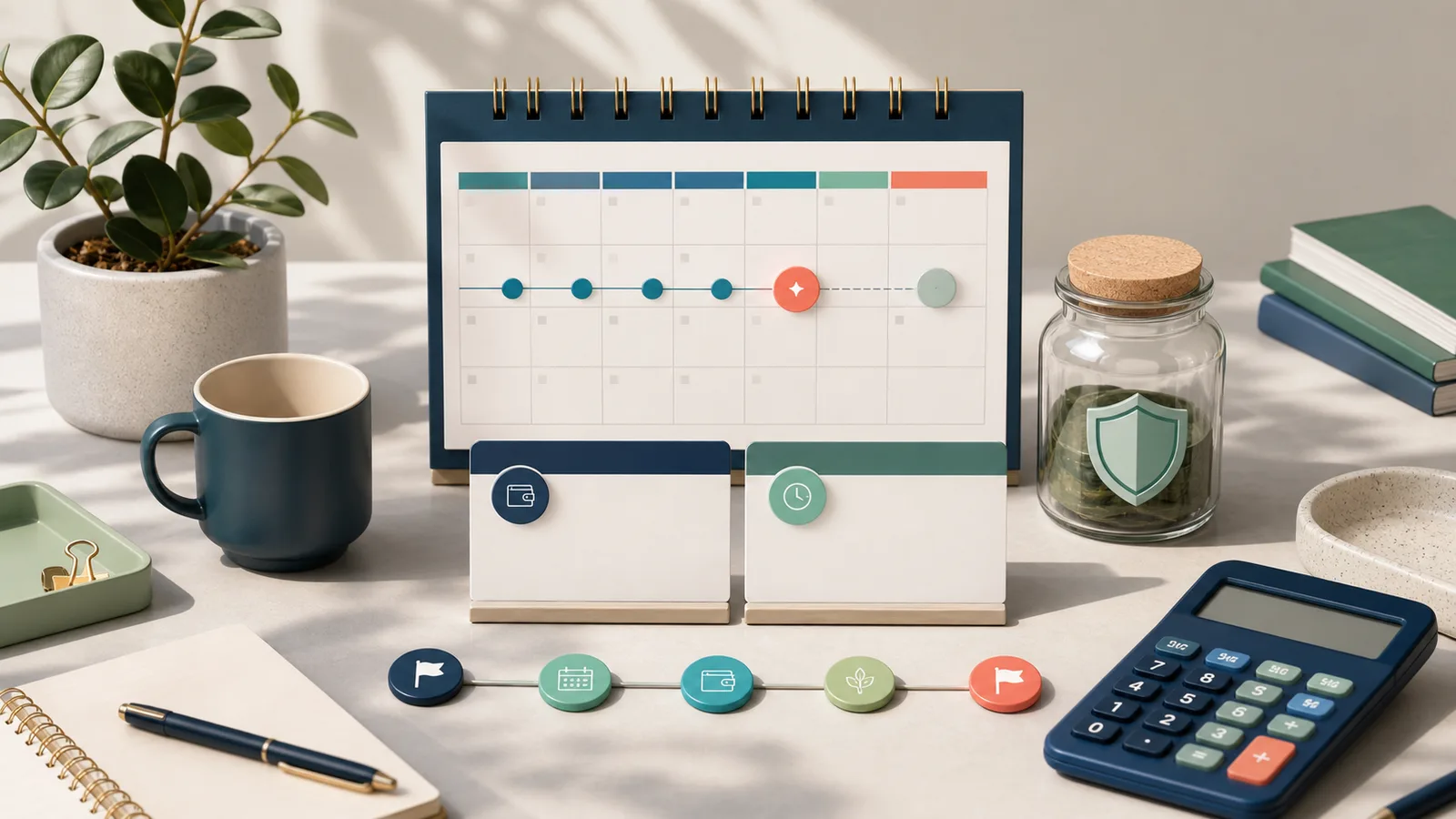 Pay-cycle calendar with blank planning cards, a calculator, and a small emergency buffer jar