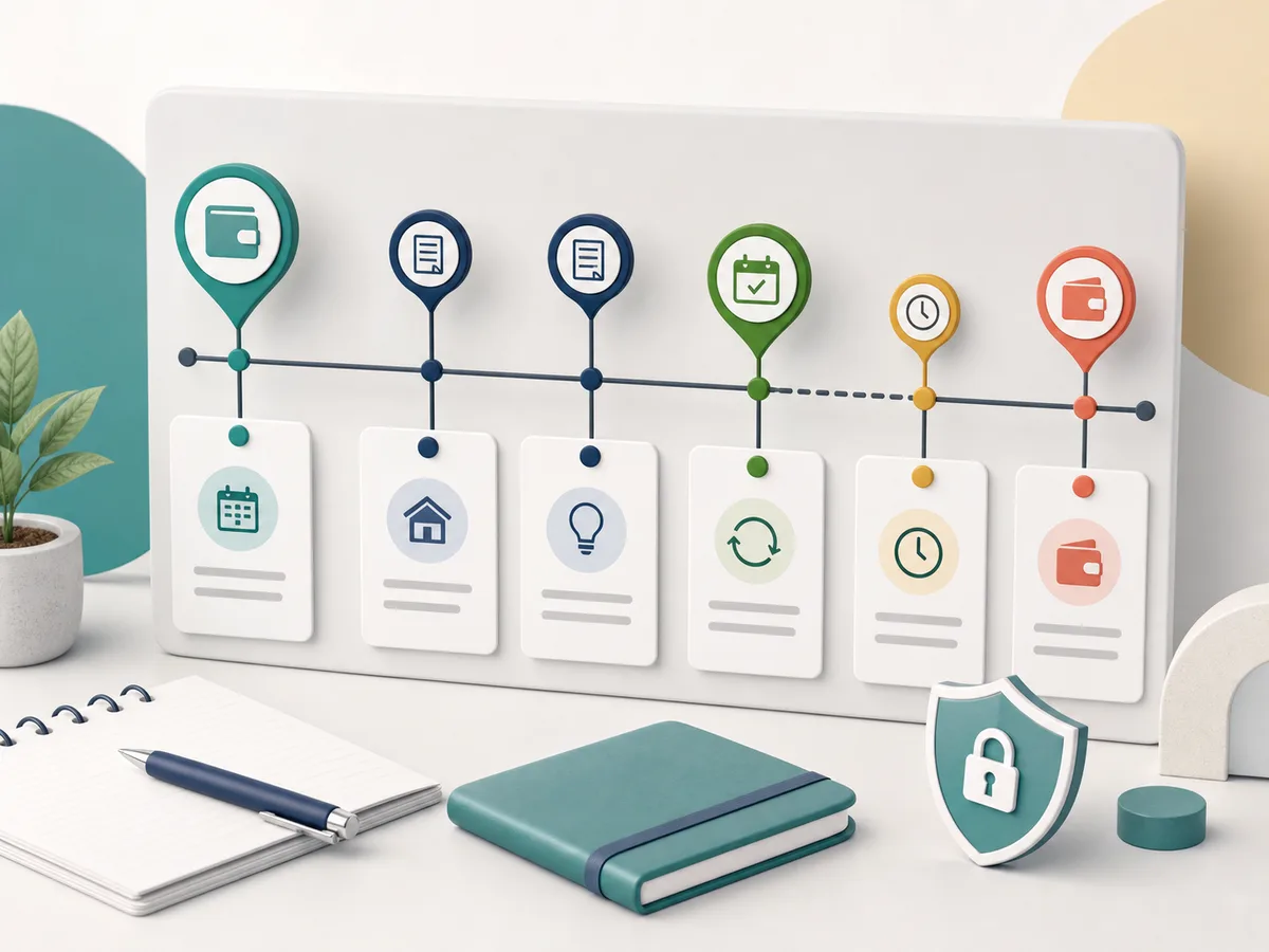 Pay-cycle timeline with blank bill cards, repayment markers, and a privacy shield