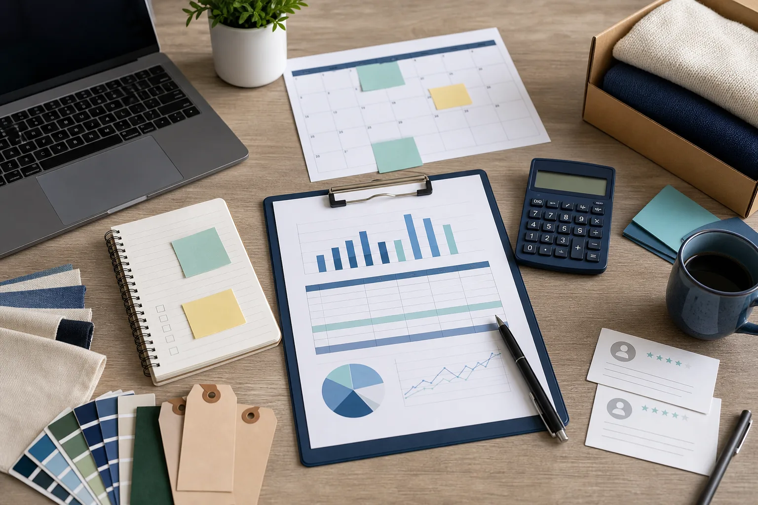 Small business growth planning materials on a worktable