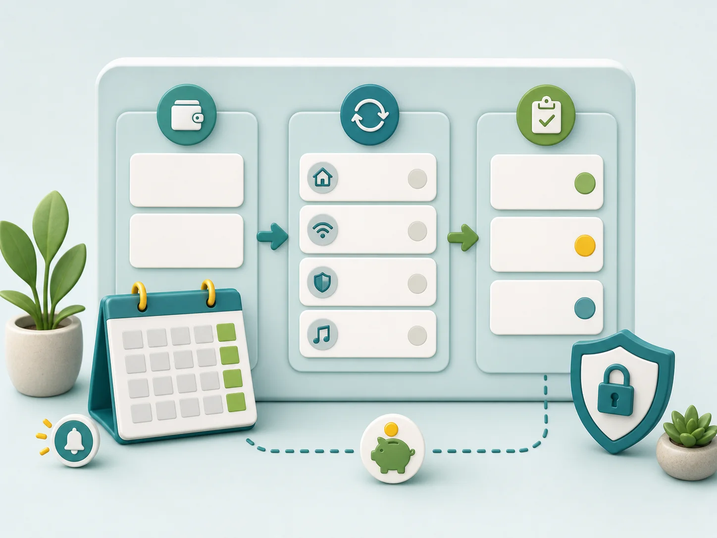 Abstract goal reminder review loop with calendar, planning cards, savings marker, and privacy shield