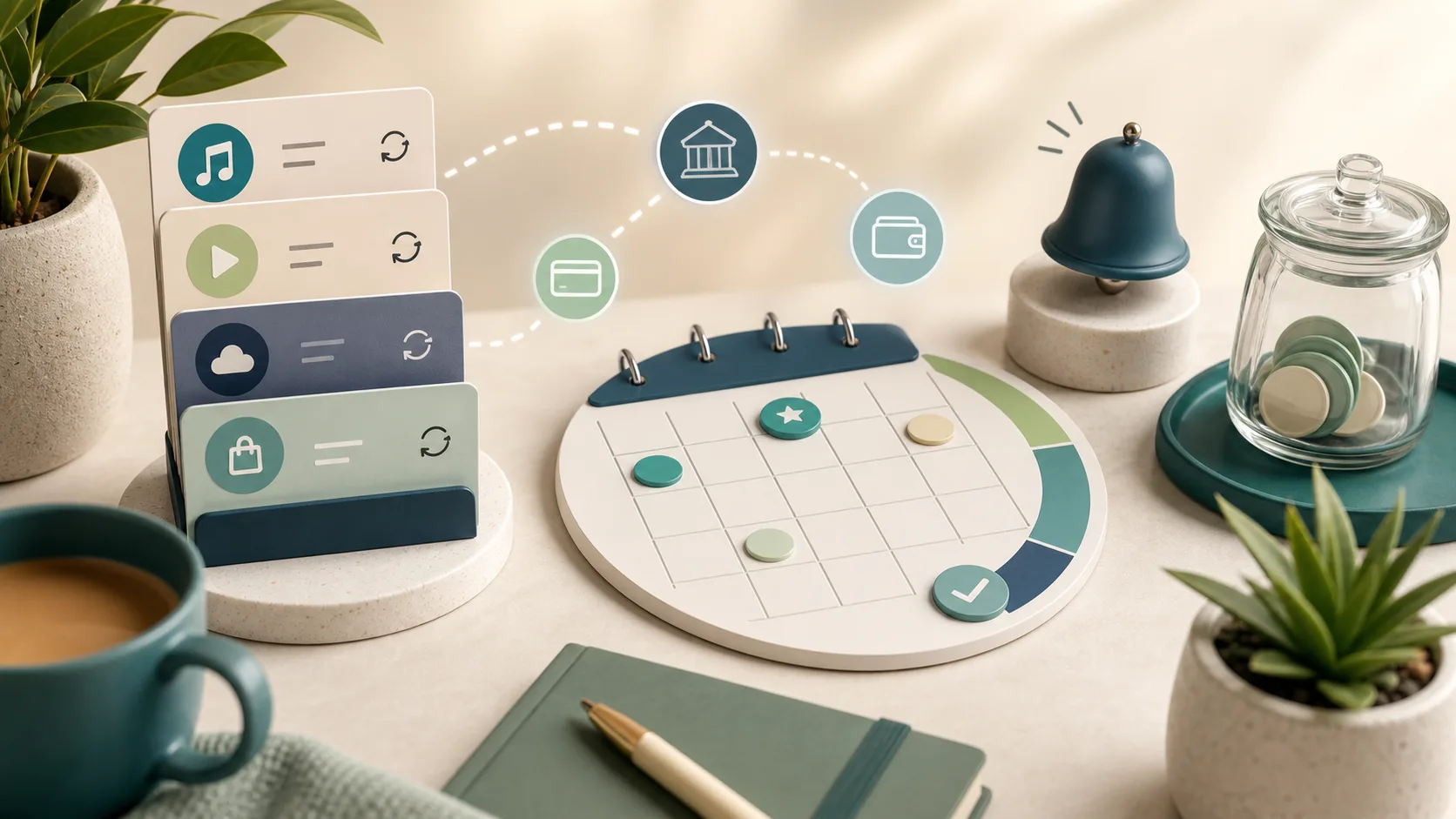 Abstract pay-cycle calendar with reminder cards, a goal jar, and planning markers