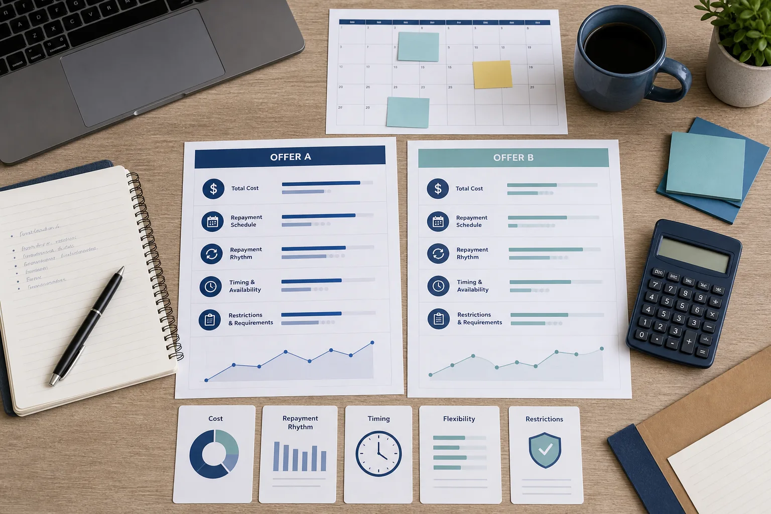 Business lending offer comparison materials with cost, repayment, timing, and restriction categories