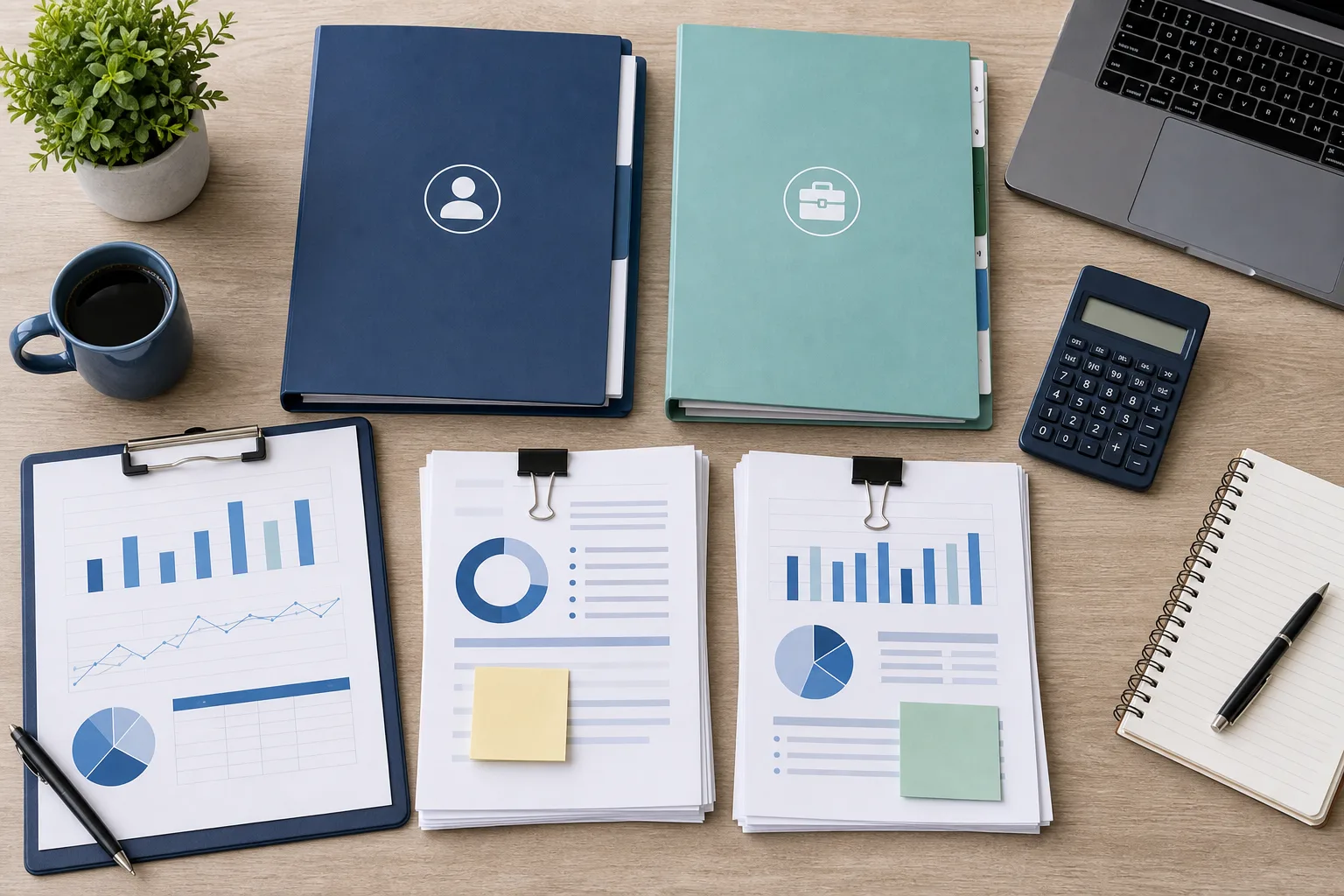Organized personal and business credit review materials on a desk