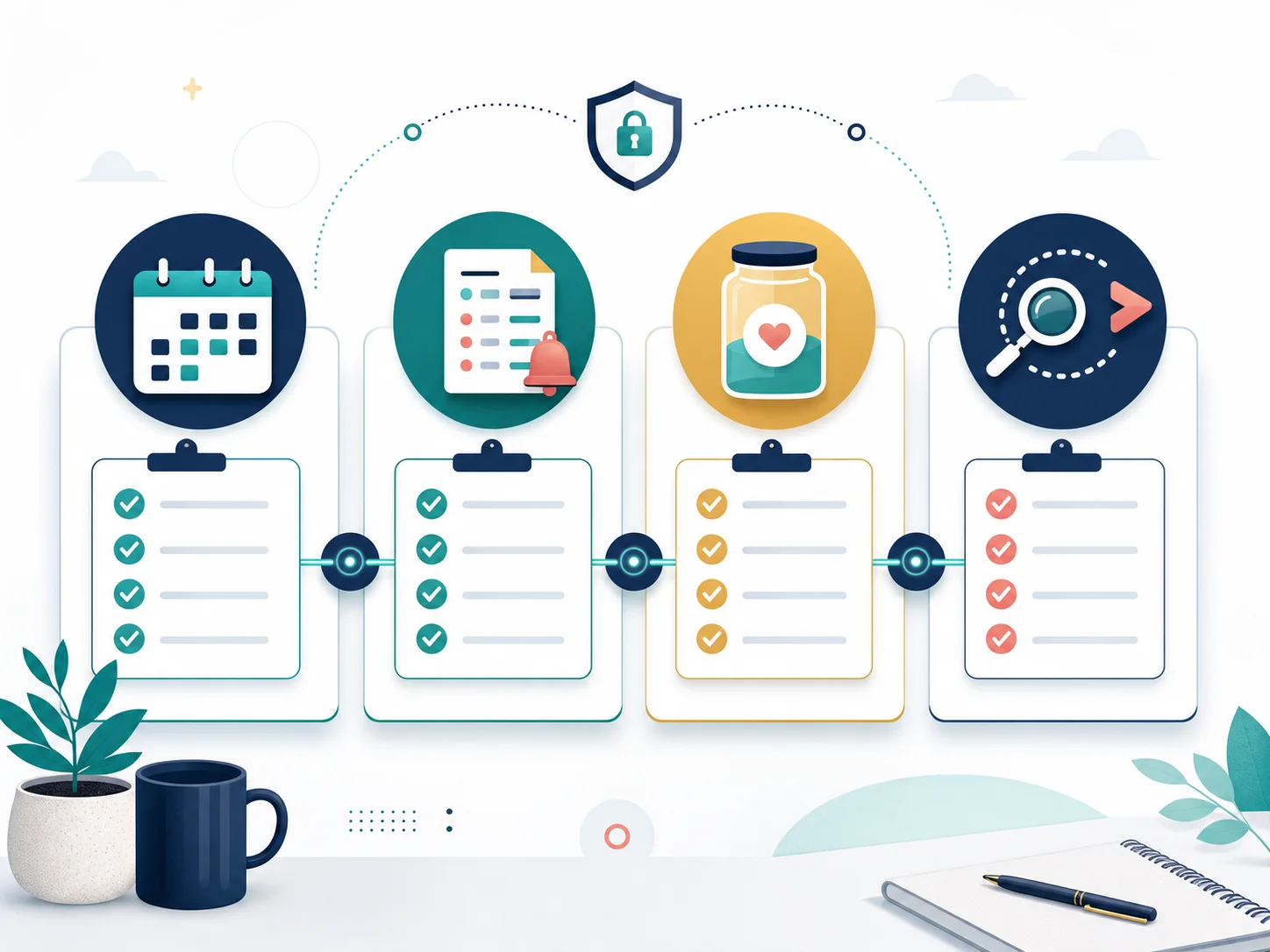Abstract pay-cycle review checklist with calendar, bill reminder, buffer, and review icons
