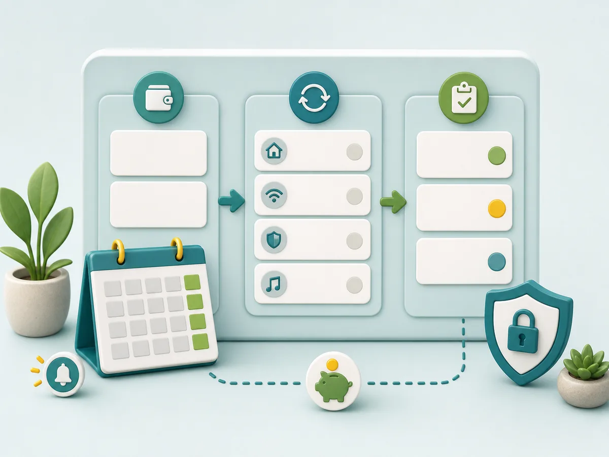 Abstract recurring charge review plan with calendar, blank charge cards, reminder icon, buffer marker, and privacy shield