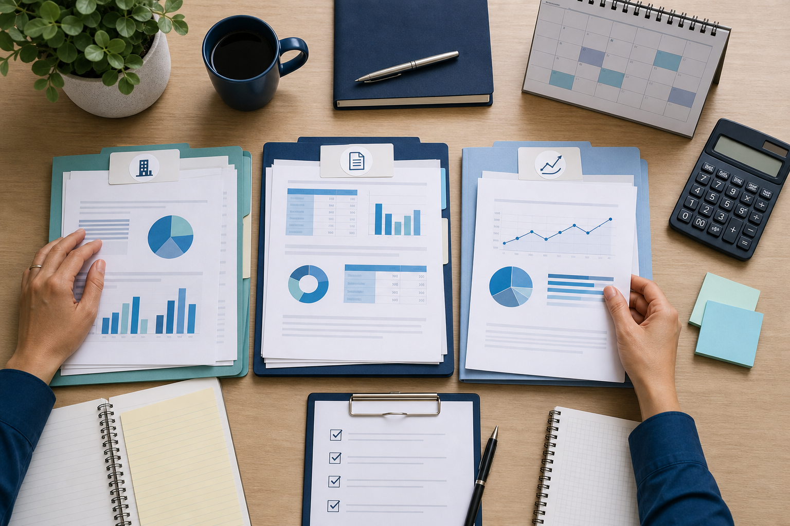 Hands organizing business financing documents into checklist folders with charts and a calculator