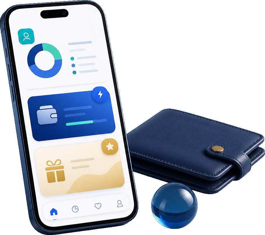 Phone mockup showing abstract financial wellness and rewards modules