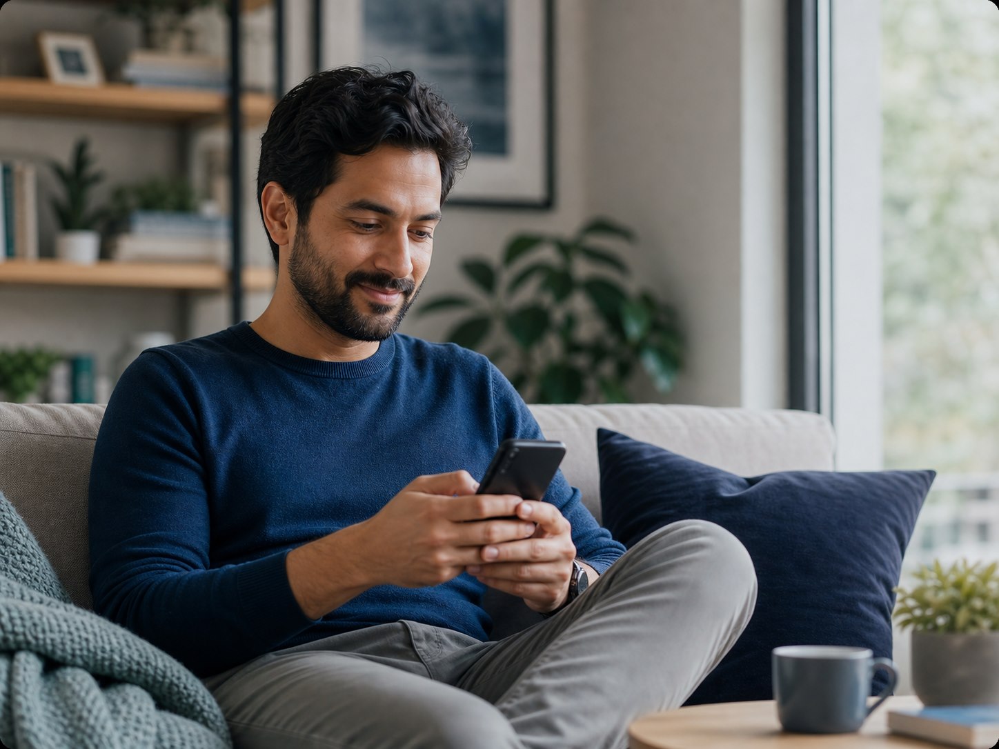 Man reviewing his phone in a calm home setting