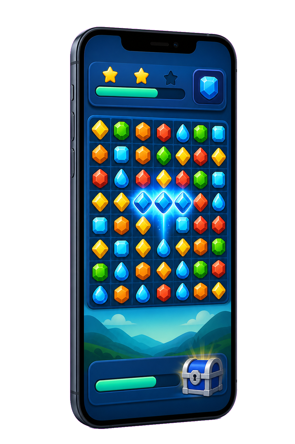 Mobile phone displaying a generic match-three puzzle game board