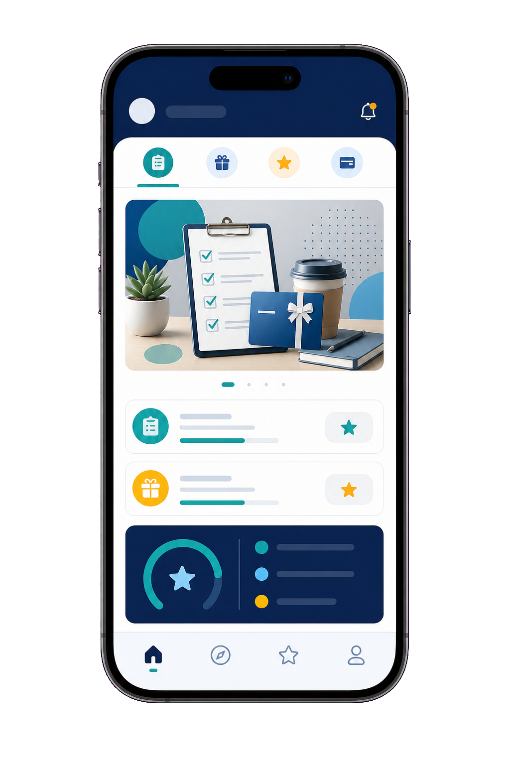 Generic mobile rewards app mockup with survey-style cards and a central rewards image panel