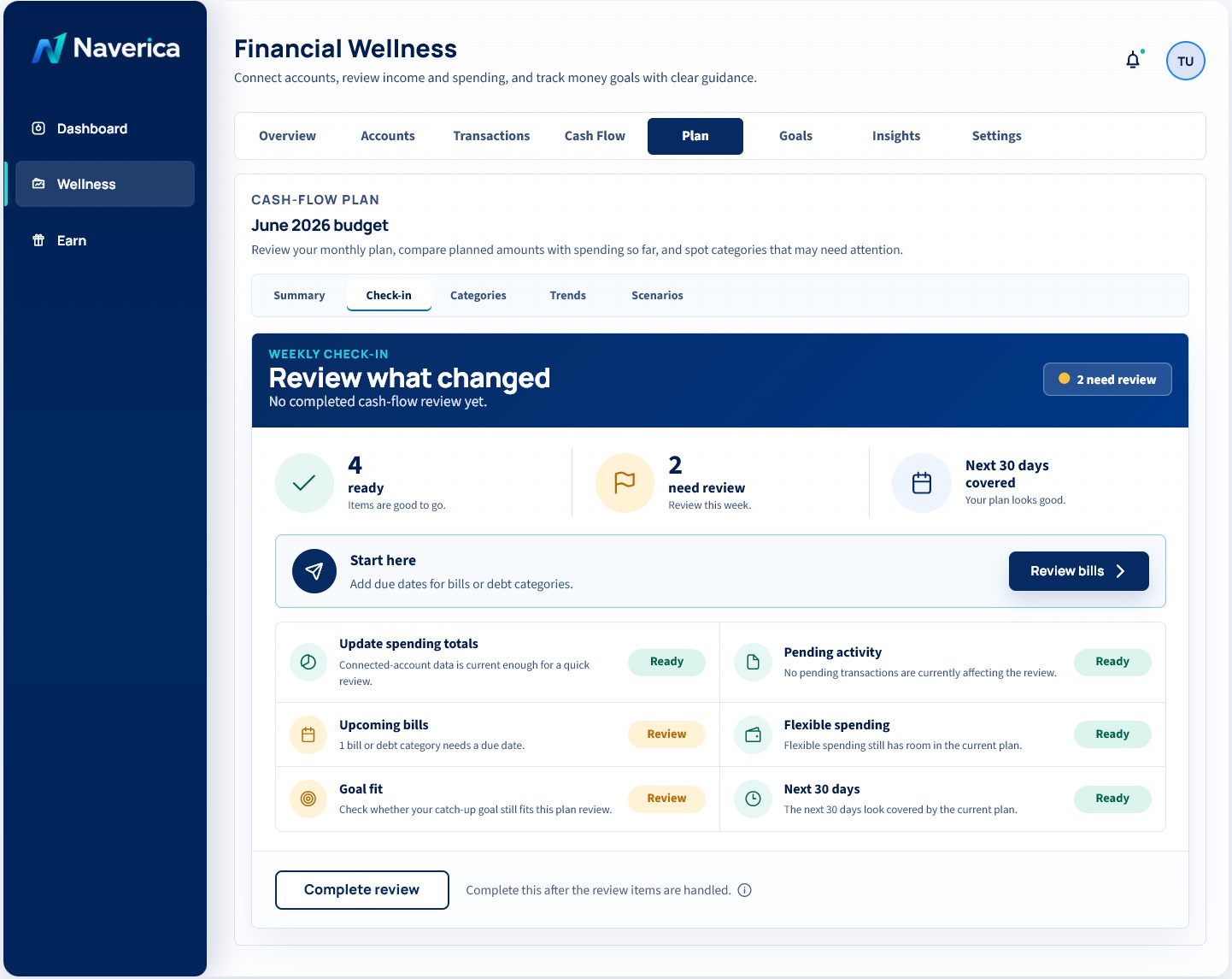 Naverica quick check-in screen showing changed spending, upcoming bills, and review prompts