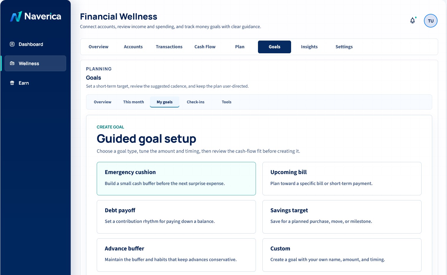 Naverica goals dashboard showing goal totals, active goals, and goal progress details